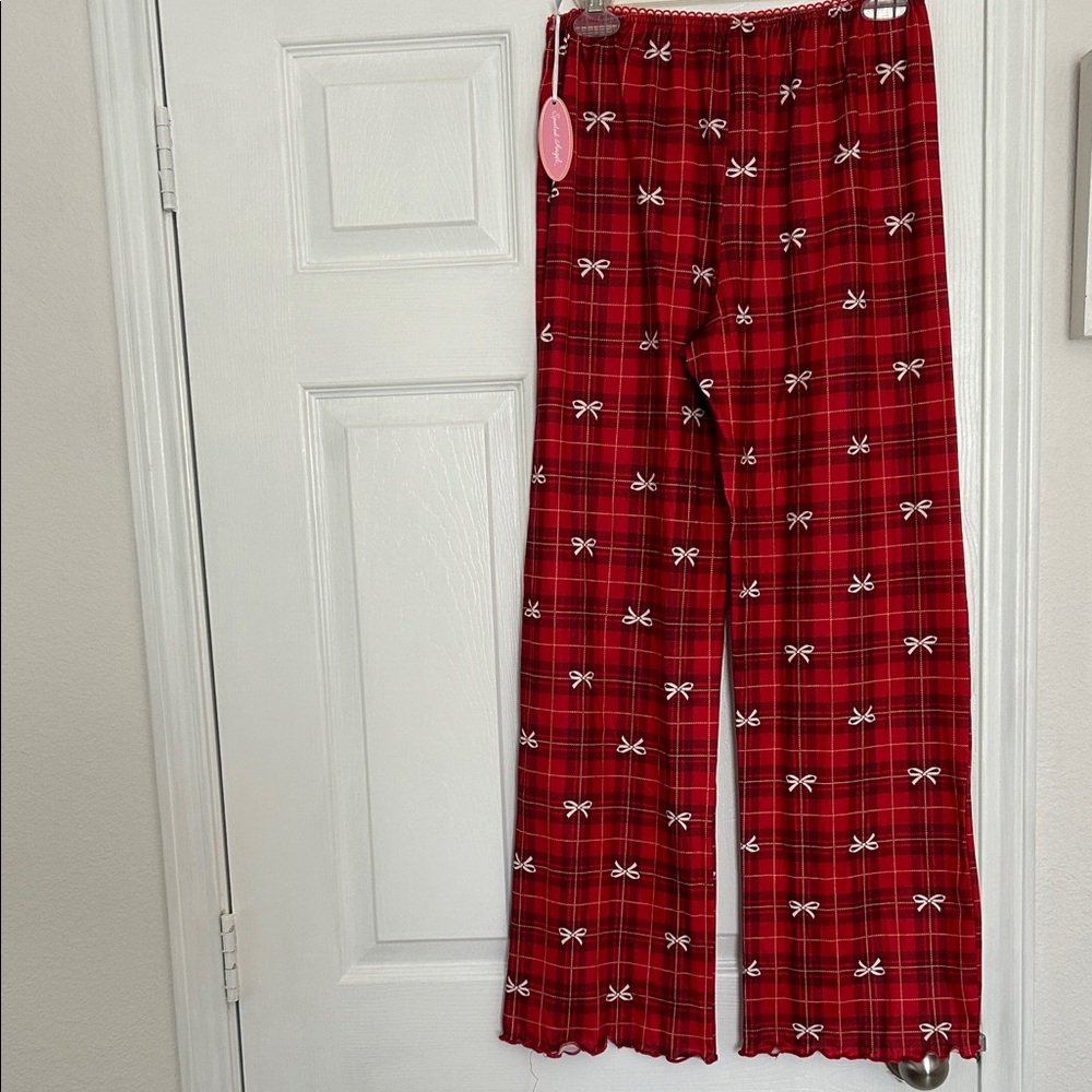 New Red Plaid Pants with Bow Details